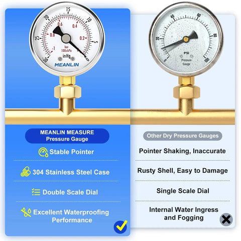 Stainless Steel Vacuum Gauge For Air Compressors And HVAC, Two Inch Dial, One Quarter Inch NPT, Waterproof Lower Mount, Negative Pressure Meter From Minus Thirty InHg To Zero Psi with stability and waterproof features.