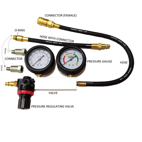 Leak Down Tester Tu-21 Engine Cylinder Leak Tester and Compression Gauge Set for Gasoline 4-Stroke Engines, 12mm or 14mm Spark Plug Compatible, DIY Auto Repair Diagnostic Tool, featuring pressure gauges and hoses.