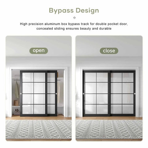 Eight Foot Bypass Double Sliding Pocket Door Hardware Kit For Two Door System With Aluminum Track Commercial Grade Smooth Soft Glide Ball Bearing Rollers Easy Install Concealed Track No Doors Included, shown installed, with doors open and closed.