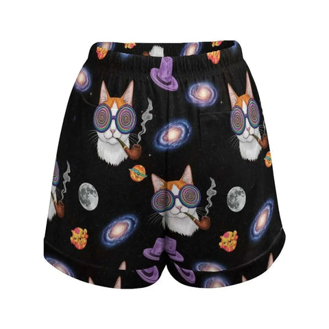 High Waist Workout Shorts For Women With Drawstring And Pockets, Loose Fit Breathable Athletic Shorts For Gym And Running, Galaxy Space Cat Print, Lightweight Polyester, Everyday Activewear