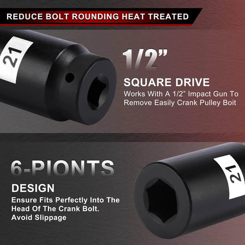 Close-up of Beefed-Up Six-Piece One Half Inch Drive Crank Bolt Socket Set with 21mm socket, heat treated, corrosion-resistant black phosphate finish.