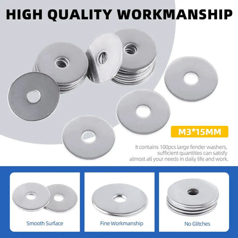 Image of 100 Pack M3 x 15mm Large Fender Washers in 304 Stainless Steel, Flat Washer Set for Screws, durable and corrosion-resistant.