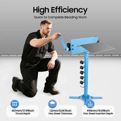 Man using Heavy Duty Metal Bead Roller With 12 Dies Rotary Steel Bender With Stand 18 Inch Throat Depth for sheet metal forming