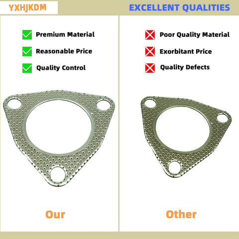 2.5 inch exhaust gasket with 63.5mm flange, perforated metal, 3-bolt, pack of 4, shown in comparison image.