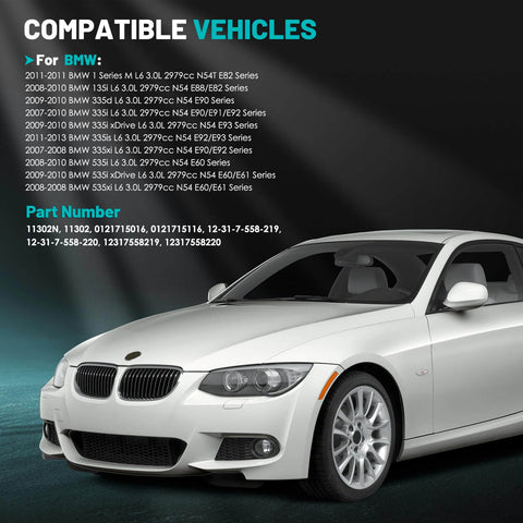 Compatible BMW vehicles list with a white BMW car and part numbers for Beefy 180 Amp High Output Replacement Alternator for BMW 135i 335d 335i xDrive 335is 335xi 535i 535i xDrive 535xi 12 Volt CW Rotation 7 Groove Pulley Fits OEM Numbers 0121715016 0121715116 visible.