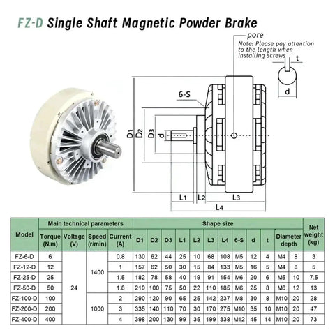 FZ-D Single Shaft Magnetic Powder Brake diagram and specifications table