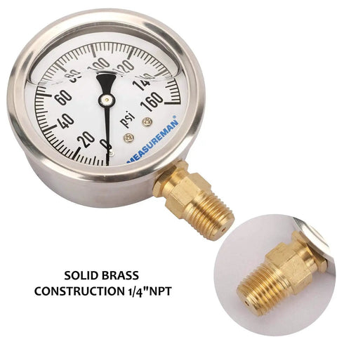 Glycerin-Filled Plumbing Pressure Gauge For Gas And Non-Corrosive Liquids, 2-1/2 Inch Dial, 0-160 PSI, Stainless Steel Case With Brass Wetted Parts, Lower Mount 1/4 Inch NPT, Tough As Nails For Vibration And Pulsation, Big Easy-To-Read Display MeasureMan.