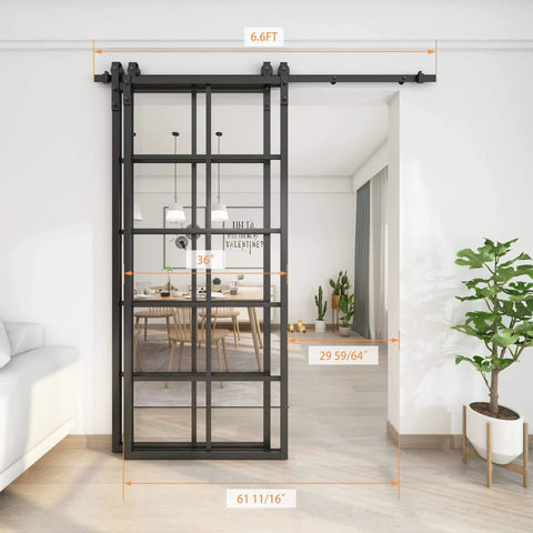 Bypass Double Glass Barn Door Kit With 6.6 Ft Hardware installed in living room, clear glass panels in aluminum frame, sliding door