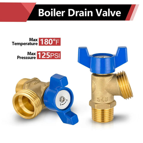 EFIELD 2-pack brass boiler drain valves with blue handles; 1/2 in MIP x 3/4 in MHT, 1/4-turn.