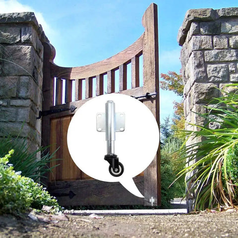 Gate Caster With Spring Loaded Retractable Wheel For Wooden Gates And Yard Fences, Two Inch Wheel, shown installed on a wooden gate
