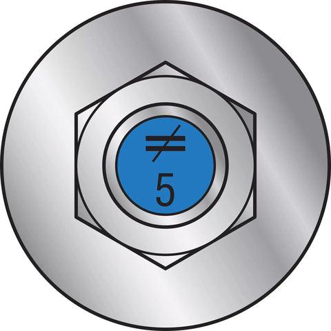 Close-up of a zinc-plated bolt head, labeled with a blue number symbol and 5, part of a Retrofit Bolt One Half Inch By Five Inch.