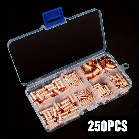 Premium Wire Ferrules Kit 250Pcs, 7 Size Non Insulated Copper Crimp Connectors in plastic box