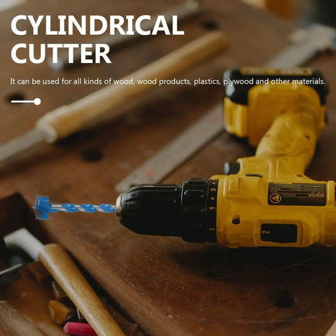 Yellow drill with blue Hard Alloy Woodworking Drill Bit 25x125mm Extended Thread Hole Opener on wooden table