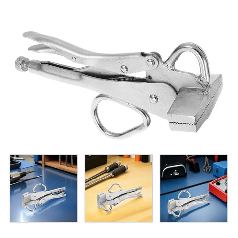 Heavy Duty Adjustable Locking Welding Clamp Pliers for auto body repair shown on workshop tables