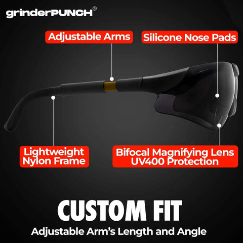 Side view of Built In Bifocal Safety Sunglasses With Magnifier For Reading And Work ANSI Z87 Impact Resistant Sun Readers Unisex Eyewear With 1.50 Diopter Near Vision Boost, showing adjustable arms and silicone nose pads.
