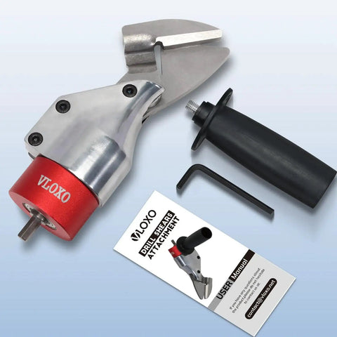 Powerful Sheet Metal Cutter Drill Attachment With 360 Degree Pivoting Handle For Quick Curved And Straight Cuts, Easily Replacing Scissors And Knives, Made From Chrome Vanadium Steel For Durable Performance VlOXO Compatible, showing main components and user manual