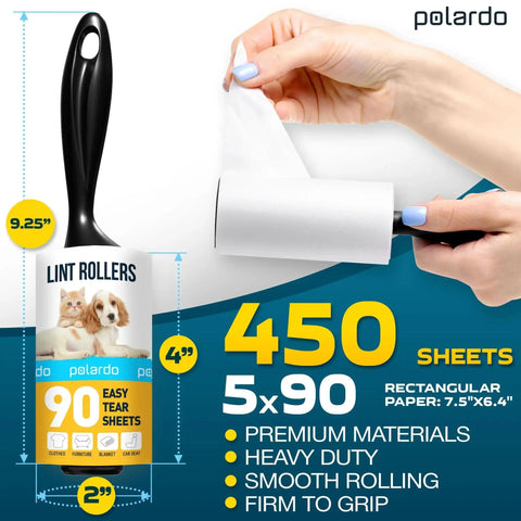 Pet Hair Lint Roller Set For Couch Clothes Furniture And Carpet With Sticky Peel Sheets Easy To Use And Removable Quickly Remove Dog Hair Cat Hair Animal Fur And Fuzz From Upholstery And Garments Includes 5 Large Rollers For Delicate Surfaces shown with dimensions and features.