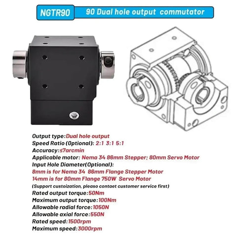 Right Angle Planetary Gearbox With Seven Arc Minute Precision Commutator For 80 Servo And Nema 34 Stepper Motors, shown with specs