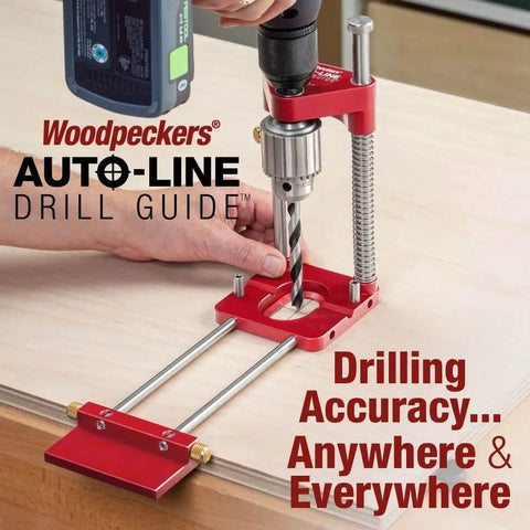 Auto Line Drill Guide Portable Drill Guide for Perpendicular Holes with laser centerlines on wood surface.