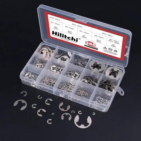 380 Piece E Clip Circlip External Retaining Ring Set In 14 Sizes 304 Stainless Steel Pro Grade Rust Resistant External Retaining Ring Kit For Machinery Automotive DIY Projects in a plastic organizer box