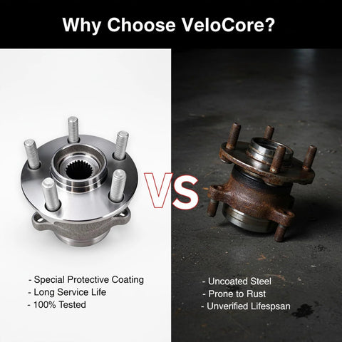Comparison of VeloCore rear wheel hub bearing assembly with a rusty one. Features focus on coating, service life, and testing.