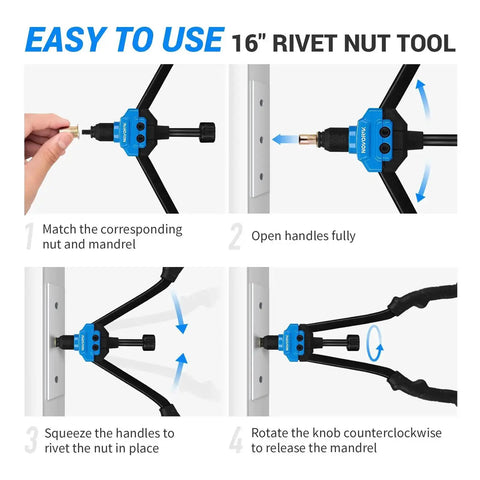 Steps to use Pro Grade Rivet Nut Tool Kit, 16 Inch Riveter With 15 Mandrels, 182 Rivet Nuts And Rugged Carrying Case