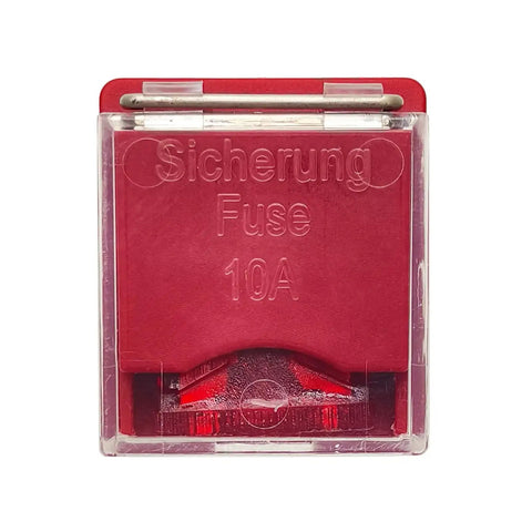Close-up of red Sicherung fuse 10A for Overload Protection Relay For Classic Mercedes W123 W124 W126 W201 W460 W461 R107 Replacement 1265404745 A1265404745 A2015400845