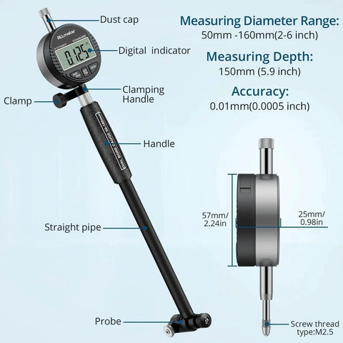 Digital Bore Gauge Kit Pro Grade 50 To 160 Millimeters 0.01 Millimeters Precision Internal Diameter Measuring Tool shown with probes