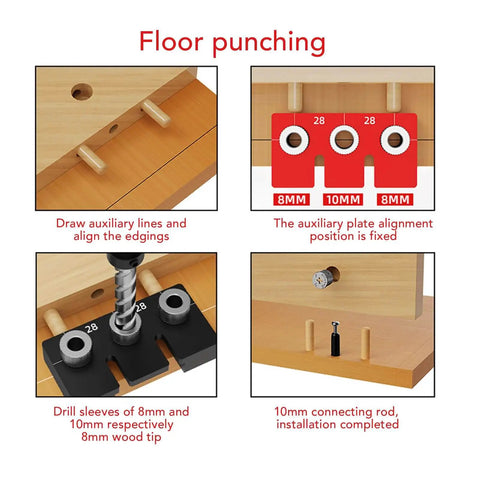 Diagram showing floor punching with Three In One Dowel Jig Kit Pocket Hole Jig With Adjustable Woodworking Drill Locator