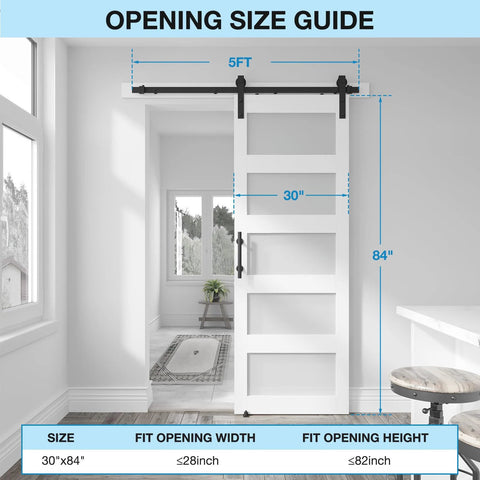 Five Panel Sliding Glass Barn Door Kit With Five Foot Hardware, Waterproof MDF And Frosted Glass For Privacy installed in room