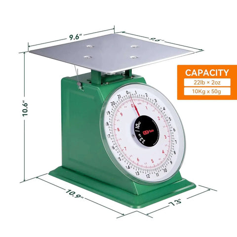 Green heavy duty 22 lbs mechanical portion control kitchen and food scale with industrial dial and stainless steel platform.