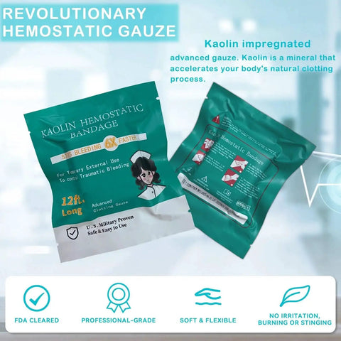 Advanced Stop The Bleed Gauze For Rapid Hemostatic Wound Packing In Medical And Survival Kits, Kaolin Infused Combat Gauze Packaging