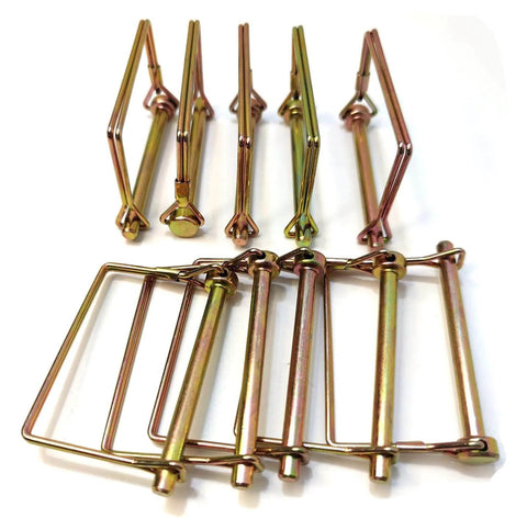 Ten Pack One Quarter Inch Wire Lock Pins For Trailer Couplers And Hitch Pins Heavy Duty Safety Shaft Locking Pins For Farm Trailers Wagons Lawn Garden Square Gold Finish, showing gold square shaft pins on a white background.