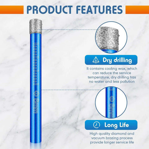 Dry Diamond Drill Bits Set 10 Pieces One Quarter Inch Six Millimeter Hole Saw Kit for Granite Marble Porcelain Tile Ceramic Stone Glass Hard Materials Round Shank displaying product features including dry drilling and long life benefits, with a close-up of the cooling wax and diamond tip.