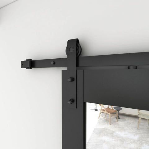 Close-up of hardware on Dope Mirrored Glass Sliding Barn Door In Black MDF With Hardware Kit And Door Handle Ready To Hang Pre Finished