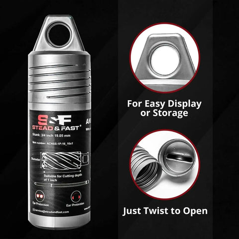 2-Piece Annular Cutter Set For Magnetic Drill Press 5/8 Inch Diameter 1 Inch Cutting Depth HSS M2AL High Speed Steel CNC Machined Precision Bits For Fast Clean Metal Holes By S And F Stead And Fast in package and open view