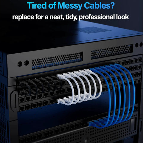 10Gbps Cat6 Ethernet Cable 75 Ft UTP Bare Copper Network Cable setup in server rack, highlighting neat installation.