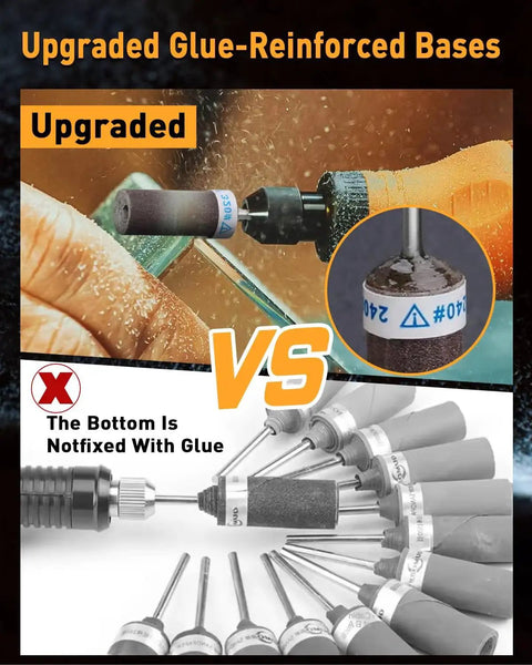 Close-up of 28 Piece Sanding Drums And Sandpaper Sticks Set For Dremel Rotary Tool With One Eighth Inch Shank Grits 180 240 320 600 1000 1500 2000 in use.