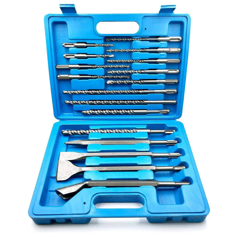 Heavy Duty Pro Grade 17 Piece SDS Plus Rotary Hammer Drill Bits Set With Chisels For Concrete And Masonry Includes 13 Drill Bits From 5.5mm To 16mm Plus One Point Chisel Two Flat Chisels And A U Groove Chisel By JFOGO in a blue case