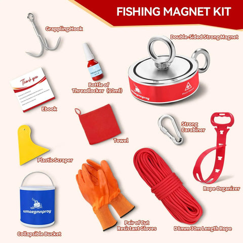 Beefy Neodymium Fishing Magnets 2600 Lb Pull Double Sided Magnets Fishing Kit with accessories including rope, gloves, and hook