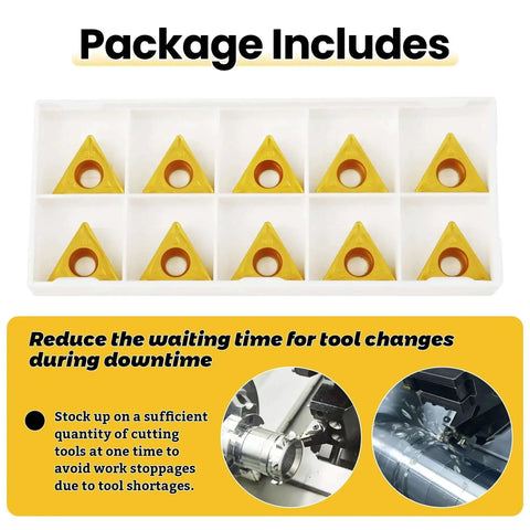 Premium Carbide Turning Inserts for Steel and Stainless by Zorqon, 10 Pack TCMT32.52 and TCMT16T308 in packaging
