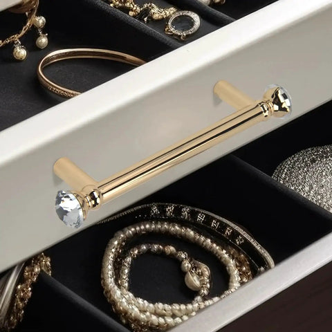 Gold Crystal Drawer Pulls 4 Pack, 5 Inch Cabinet Handles with crystal accents on a dresser drawer, zinc alloy farmhouse hardware.