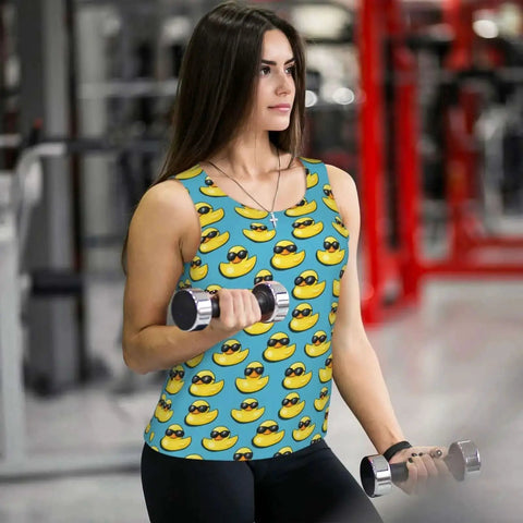 Woman wearing Sunglasses Print Tank Top For Women, Dry Fit Sleeveless Workout Tee in gym, showcasing fitness with weights.