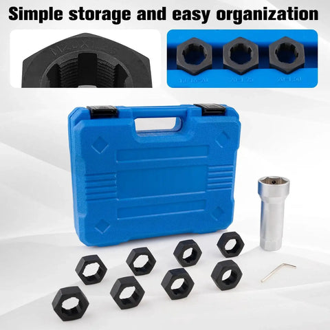 Axle Spindle Thread Chaser Set For Vehicle Axles With 8 Dies And 1-1/16 Inch Extension Bar and 8 Nuts, blue storage case