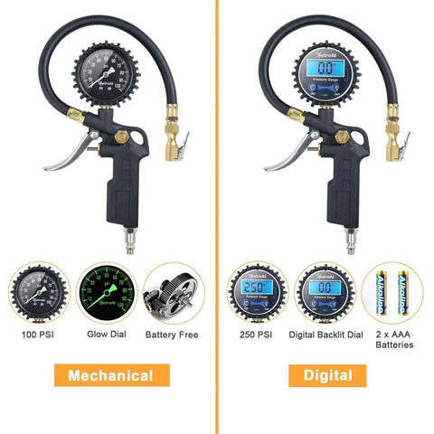 Mechanical and digital tire pressure gauges with inflators, glow dial, 0-100 PSI, ANSI B40.1 certified, for car and truck use.