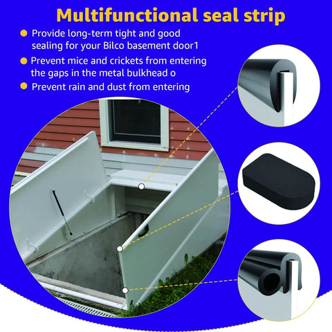 Basement Door Weatherstripping Replacement Kit Compatible With Bilco Doors Includes 1 U Shaped Gasket 1 Bulb Trim Gasket 4 Cap Seal Pads Easy Installation Durable Rubber Seal For Maximum Leak Protection, shown with installed gasket on open door.