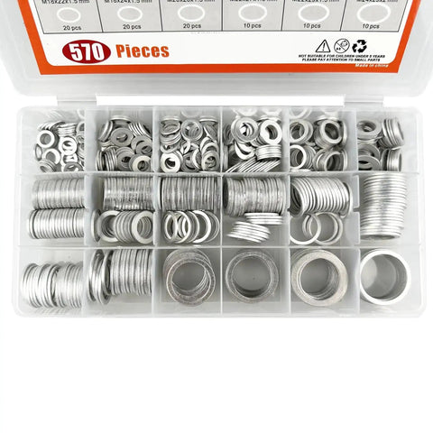570 Piece Oil Drain Plug Gasket And Crush Washer Kit With 18 Sizes M6 Through M24 Aluminum Flat Washers in open plastic case