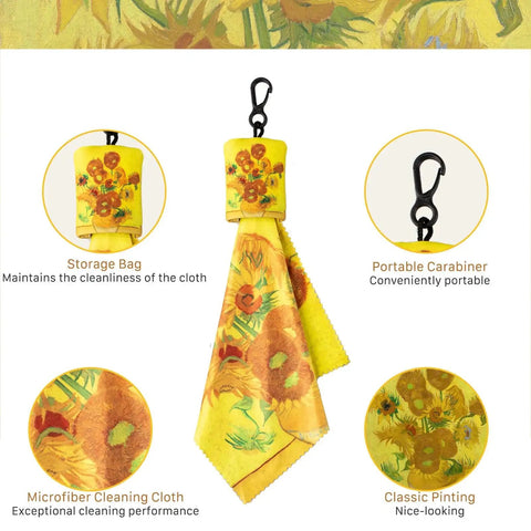 Microfiber Glasses Cleaning Cloths Set 4 Pack With Double Sided Art Design featuring sunflowers, carabiner, and storage bag.