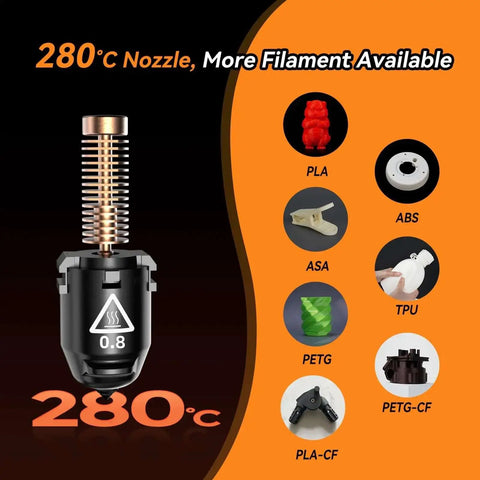 Nozzle Assembly For Adventurer 5M 3D Printer Quick-Release 0.8mm Nozzle High Temp 280C with filament compatibility icons
