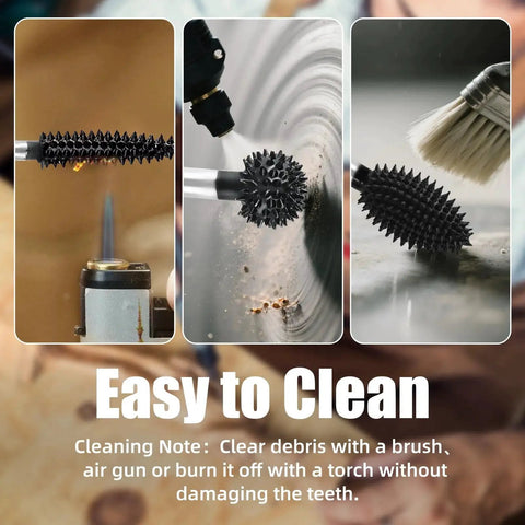 3 Piece Rotary Burr Set with One Eighth Inch Shaft Die Grinder Bits in use with wood, metal, and cleaning brush
